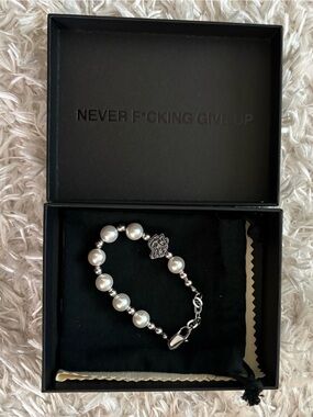 Darc Sport White Pearl Bead Bracelet with Silver Wolf Charm